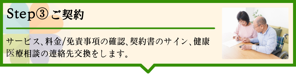 サービス、料金/免責事項の確認、契約書のサイン、医療健康相談の連絡先交換をします